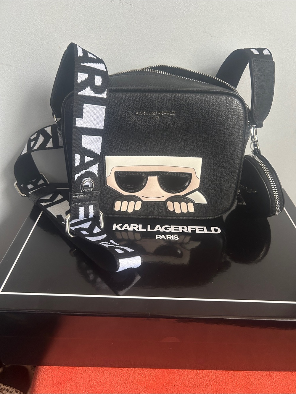 Karl Lagerfeld Black Logo Strap Messenger Bag with Character Patch
